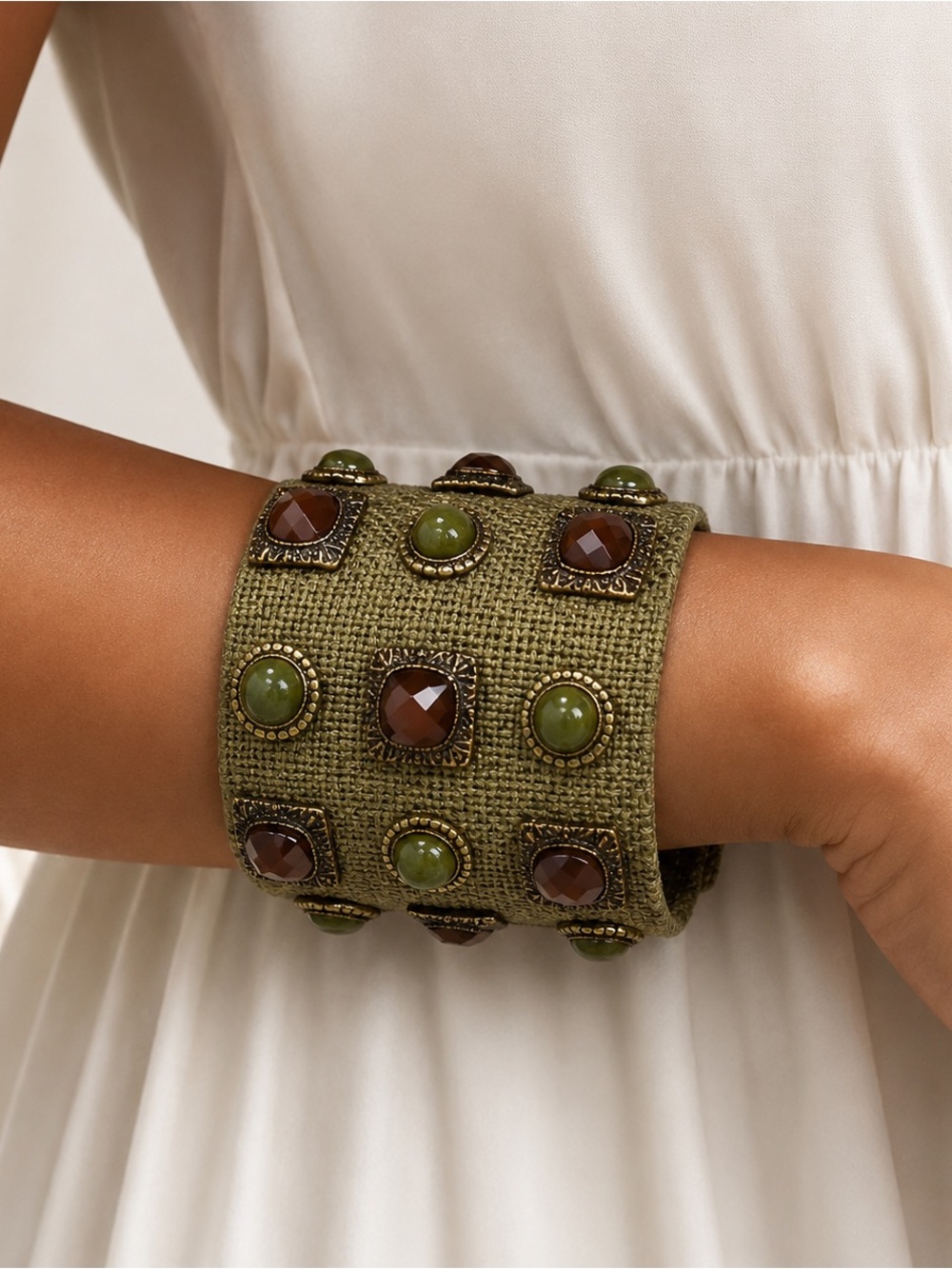 Classic Woven Cuff Bracelet with Green and Brown Gem Accents